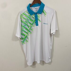 Adidas Men's White Polo with Green and Blue Accents